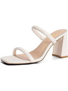 Women's Beige Square Open Toe Sandals Two Strap Mules Slip On Block Chunky Heel